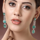 Rhodium Plated with Long Tear Drop Design Ocean Blue & White American Diamond Drop Earrings