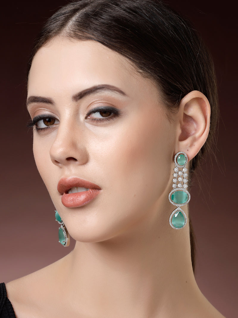 Rhodium Plated with Long Tear Drop Design Ocean Blue & White American Diamond Drop Earrings