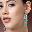 Rhodium Plated with Long Tear Drop Design Ocean Blue & White American Diamond Drop Earrings