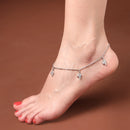 Rhodium Plated Silver Toned White Cubic Zirconia Studded Leaf Charm Anklet