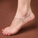 Rhodium Plated Silver Toned White Cubic Zirconia Studded Leaf Charm Anklet