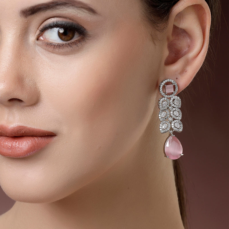 Rhodium Plated Silver Toned with Pink American Diamond Small Drop Earrings