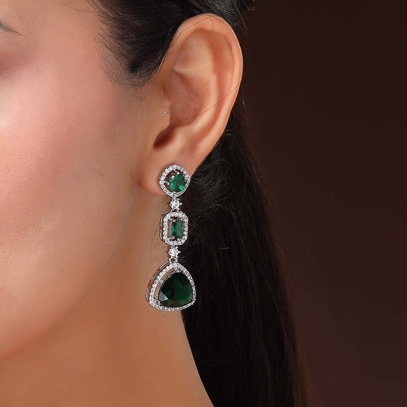 Rhodium Plated Silver Toned Geometric Shaped Green & White American Diamond Studded Drop Earrings