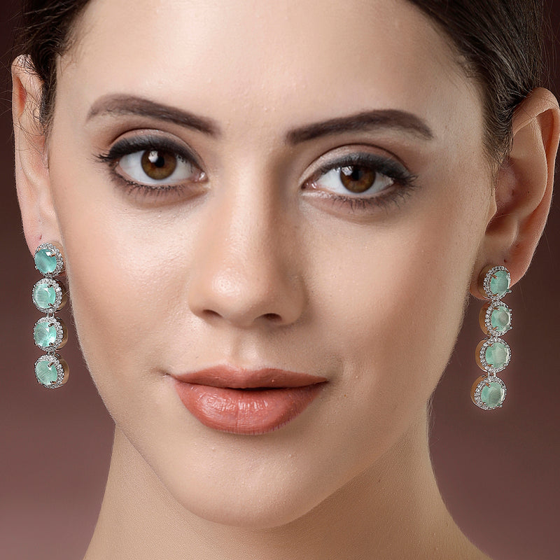 Rhodium Plated Silver Toned with Ocean Blue American Diamonds Dangler earrings