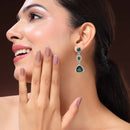 Rhodium Plated Silver Toned Geometric Shaped Green & White American Diamond Studded Drop Earrings
