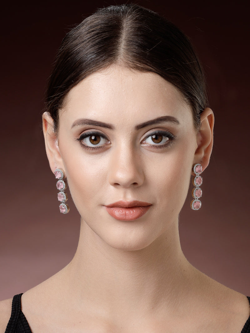 Rhodium Plated Silver Toned with Pink American Diamonds Dangler earrings