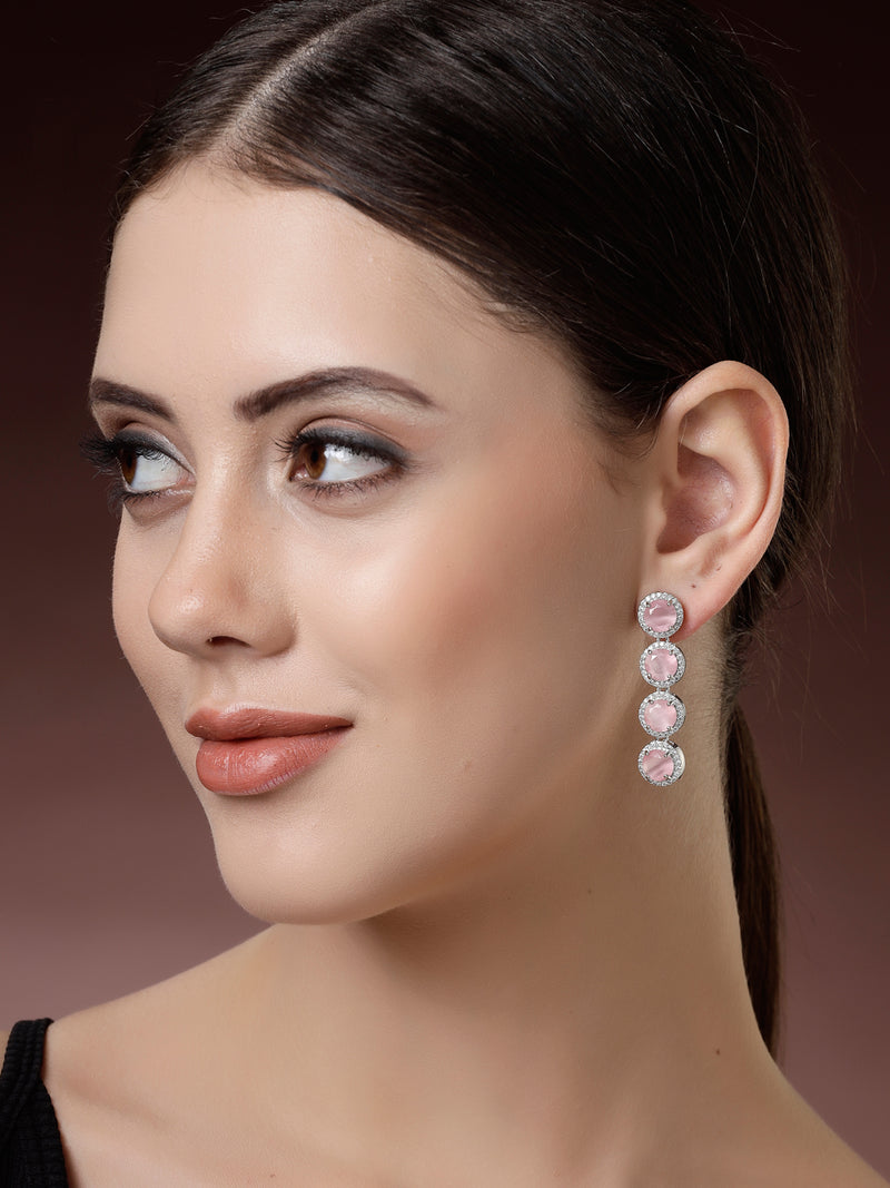 Rhodium Plated Silver Toned with Pink American Diamonds Dangler earrings