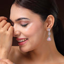 Rhodium Plated Silver Toned Geometric Shaped Pink & White American Diamond Studded Drop Earrings