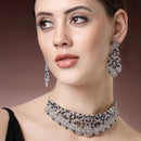 Rhodium Plated Silver Toned Round Design Blue  AD Studded Choker Necklace Set With Drop Earrings