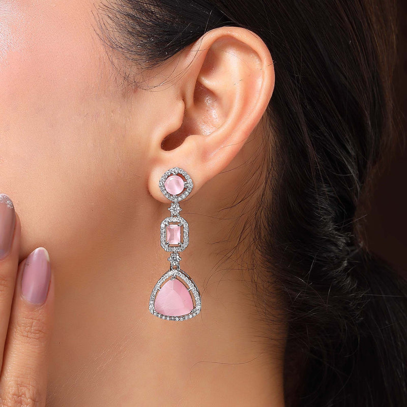 Rhodium Plated Silver Toned Geometric Shaped Pink & White American Diamond Studded Drop Earrings