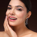 Rhodium Plated Silver Toned Geometric Shaped Navy Blue & White American Diamond Studded Drop Earrings