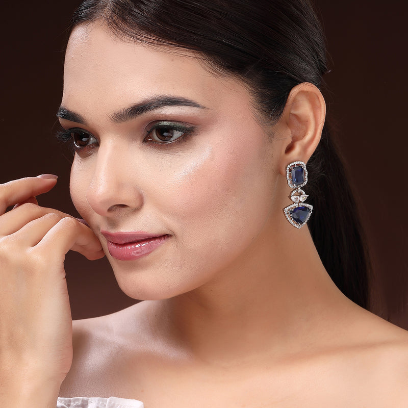 Rhodium Plated Silver Toned Navy Blue & White American Diamond Studded Drop Earrings