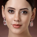 Rhodium Plated Rectangular Shape Pink American Diamond Contemporary Long Drop Earrings