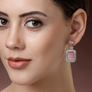 Rhodium Plated Rectangular Shape Pink American Diamond Contemporary Long Drop Earrings
