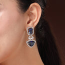 Rhodium Plated Silver Toned Navy Blue & White American Diamond Studded Drop Earrings