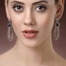 Rhodium Plated Fringed Tassel Blue American Diamond Contemporary Long Drop Earrings