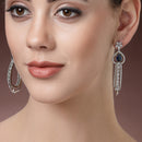 Rhodium Plated Fringed Tassel Blue American Diamond Contemporary Long Drop Earrings