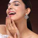 Rhodium Plated Silver Toned Petal Cluster White American Diamond Studded Earrings