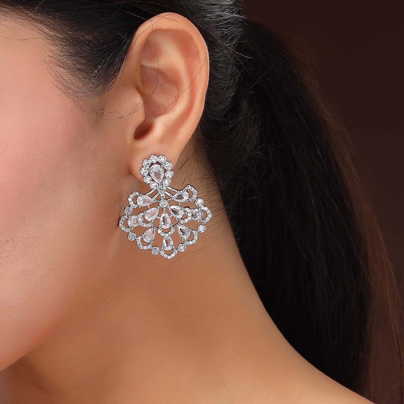 Rhodium Plated Silver Toned Petal Cluster White American Diamond Studded Earrings