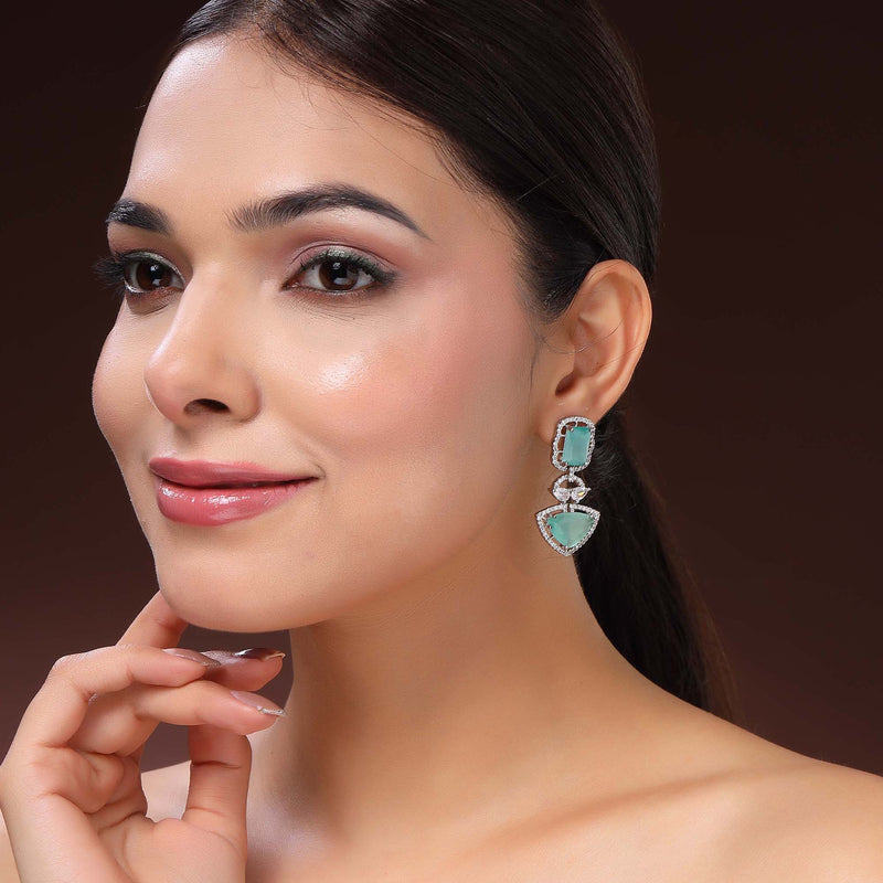Rhodium Plated Silver Toned Sea Green & White American Diamond Studded Drop Earrings