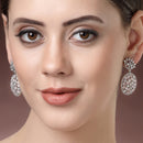 Rhodium Plated Teardrop Pink American Diamond Contemporary Long Drop Earrings