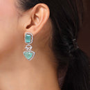 Rhodium Plated Silver Toned Sea Green & White American Diamond Studded Drop Earrings