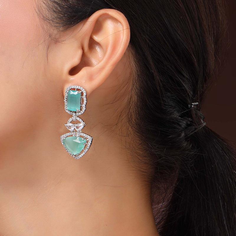 Rhodium Plated Silver Toned Sea Green & White American Diamond Studded Drop Earrings