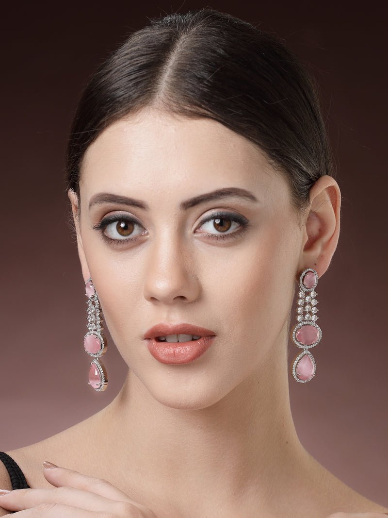 Rhodium Plated with Long Tear Drop Design Pink & White American Diamond Drop Earrings