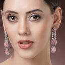 Rhodium Plated with Long Tear Drop Design Pink & White American Diamond Drop Earrings