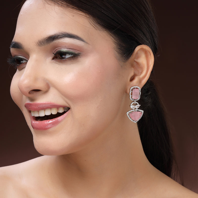 Rhodium Plated Silver Toned Pink & White American Diamond Studded Drop Earrings