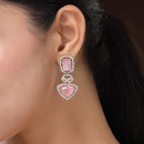Rhodium Plated Silver Toned Pink & White American Diamond Studded Drop Earrings