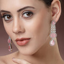 Rhodium Plated with Long Tear Drop Design Pink & White American Diamond Drop Earrings