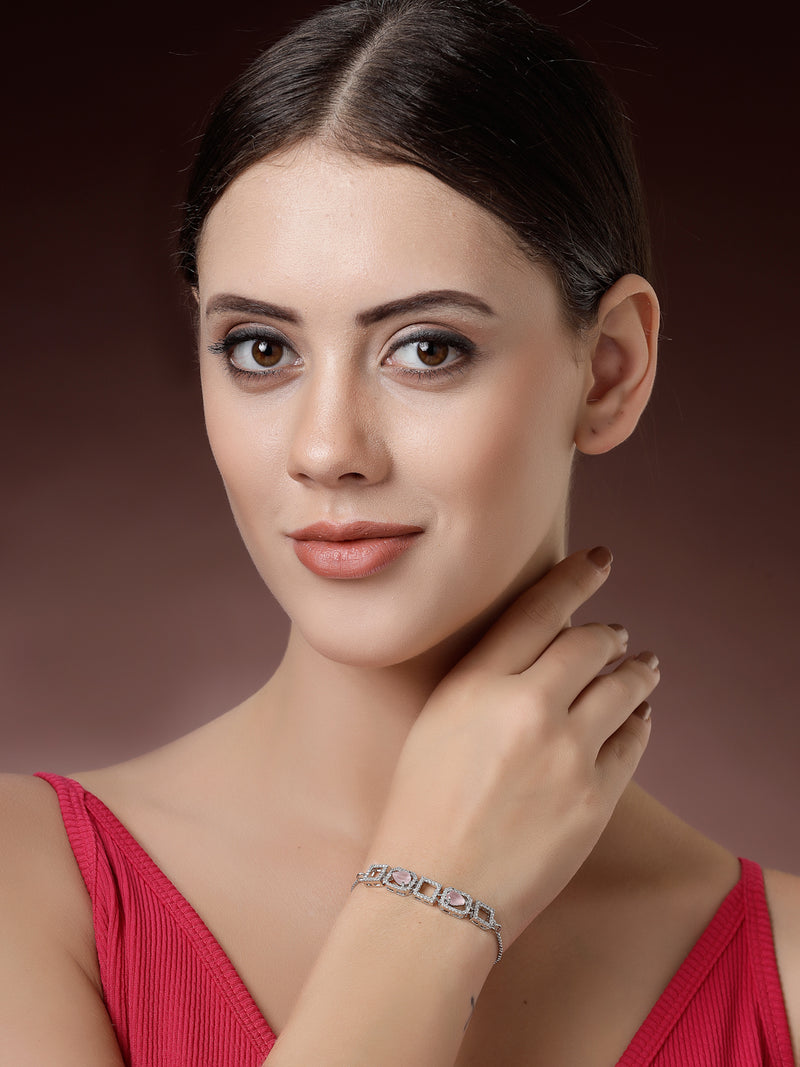 Zeneme Rhodium Plated Silver Toned White Square Cut Pink Teardrop American Diamond Studded  Wraparound Adjustable Bracelet