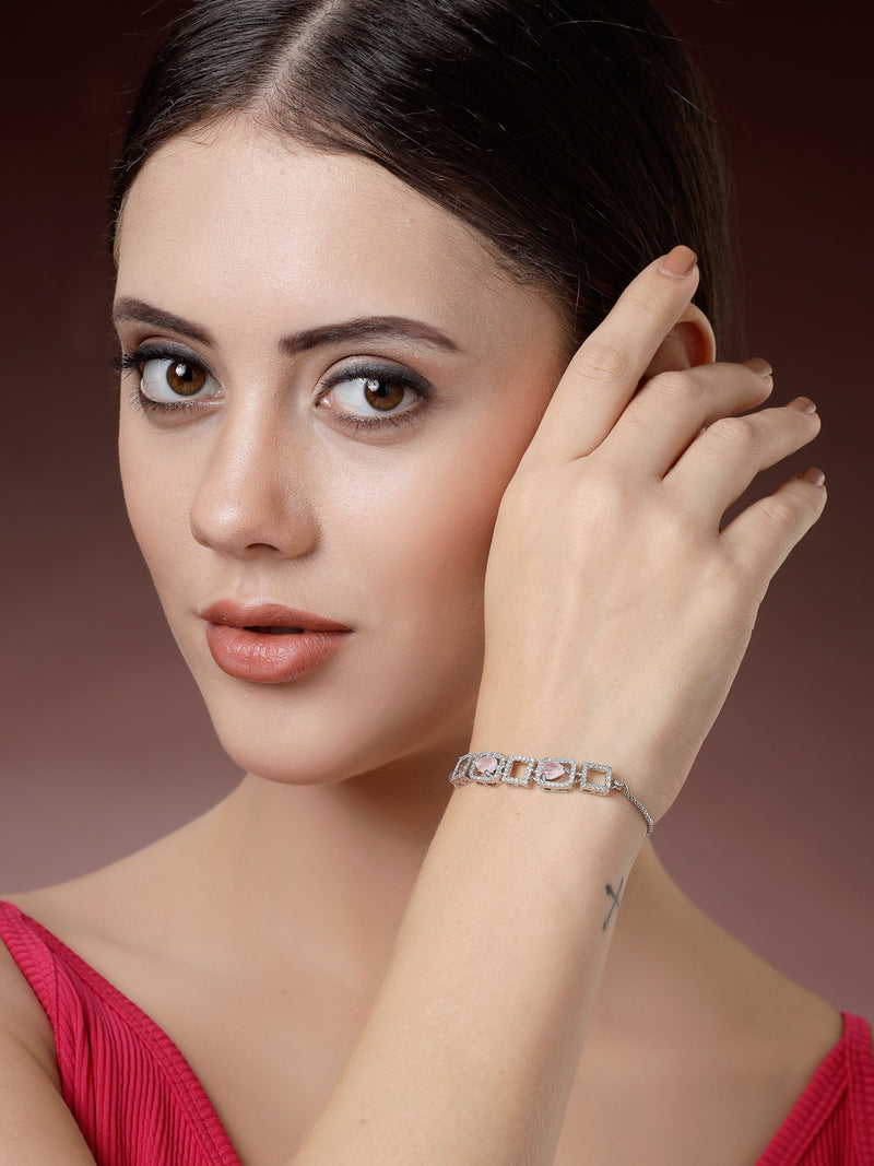 Zeneme Rhodium Plated Silver Toned White Square Cut Pink Teardrop American Diamond Studded  Wraparound Adjustable Bracelet