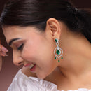 Rhodium Teardrop Green American Diamond Contemporary Long Drop Earrings