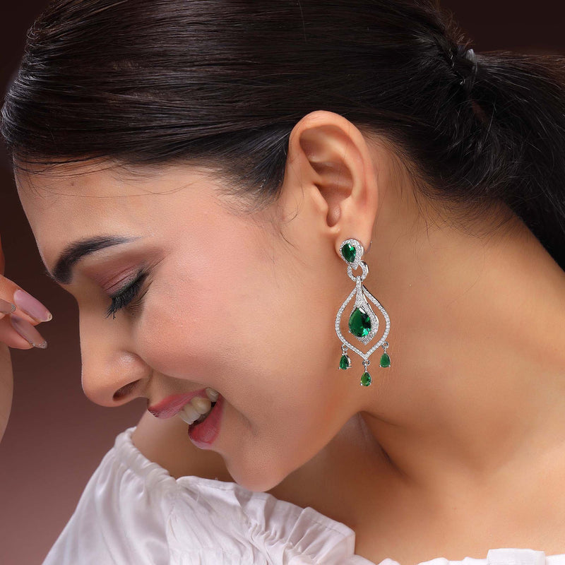 Rhodium Plated Silver Toned Teardrop Shaped Green & White American Diamond Studded Earrings
