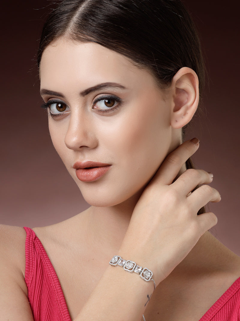 Rhodium Plated Silver Toned White Round & Rectangle American Diamond Studded Wraparound Adjustable Bracelet