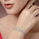 Rhodium Plated Silver Toned White Round & Rectangle American Diamond Studded Wraparound Adjustable Bracelet
