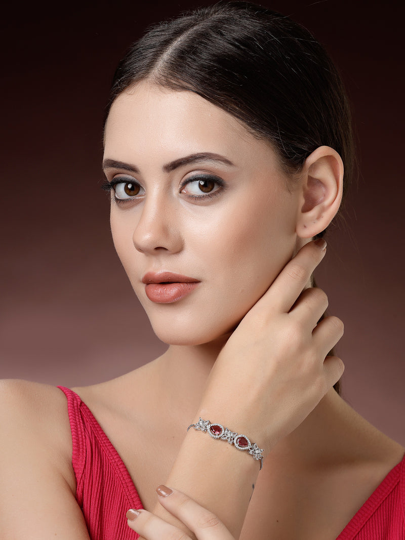 Rhodium Plated Silver Toned White Flower & Red Teardrop AD Studded Wraparound Adjustable Bracelet