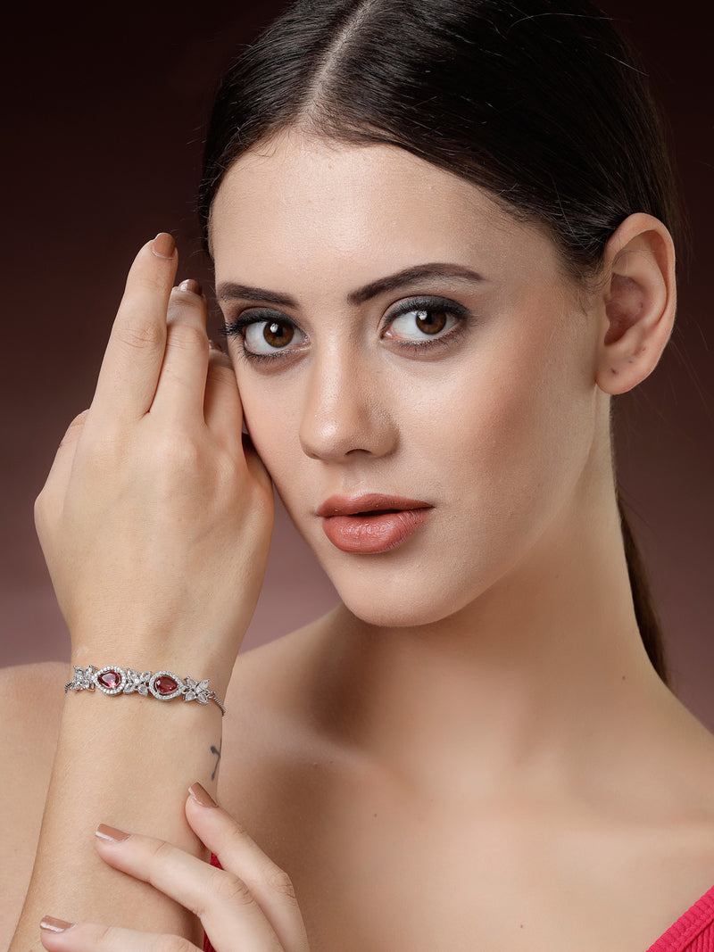 Rhodium Plated Silver Toned White Flower & Red Teardrop AD Studded Wraparound Adjustable Bracelet