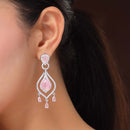 Rhodium Plated Silver Toned Teardrop Shaped Pink & White American Diamond Studded Earrings