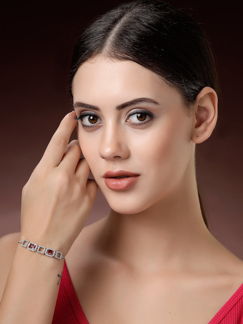 Rhodium Plated Silver Toned White Square Cut Red Teardrop American Diamond Studded  Wraparound Adjustable Bracelet