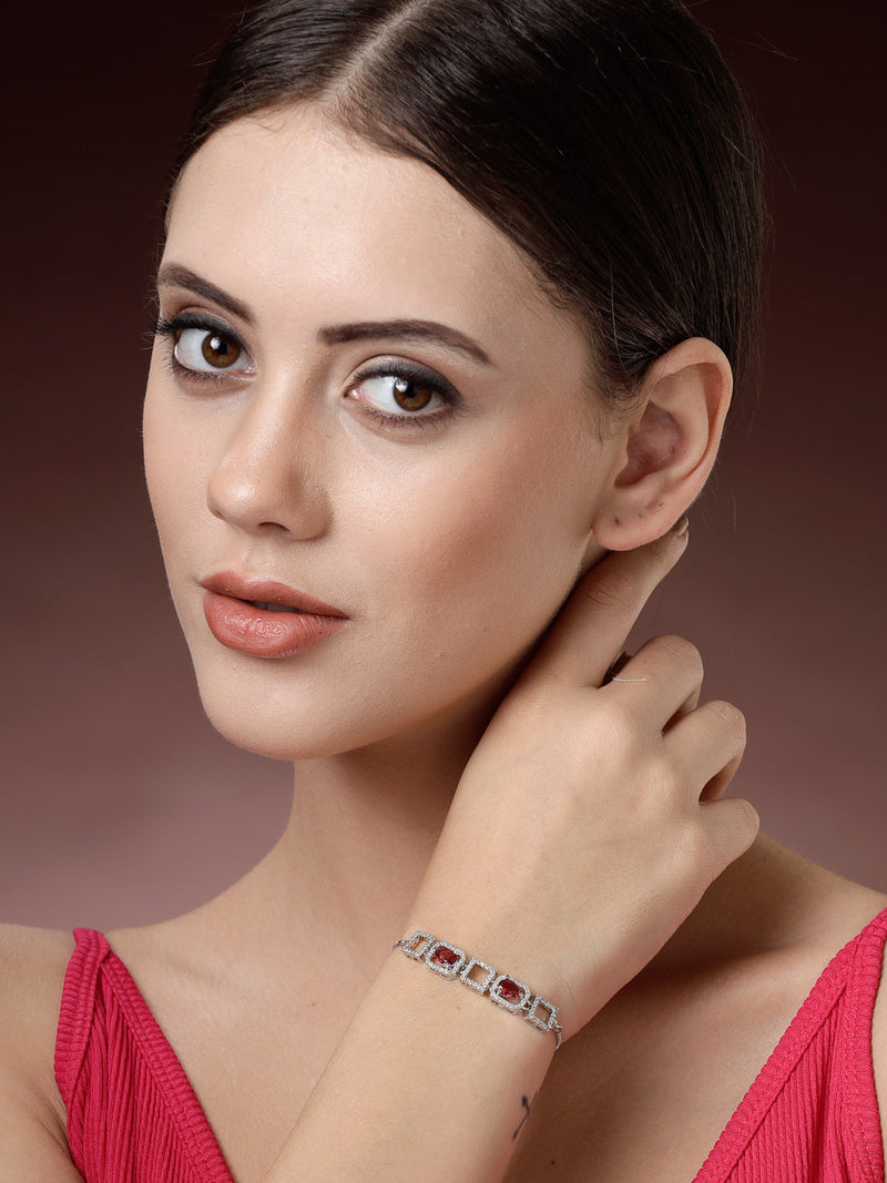 Rhodium Plated Silver Toned White Square Cut Red Teardrop American Diamond Studded  Wraparound Adjustable Bracelet