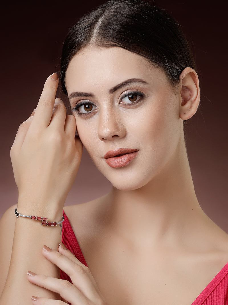 Rhodium Plated Silver Toned Red Baguette Cut American Diamond Studded Cuff Bracelet