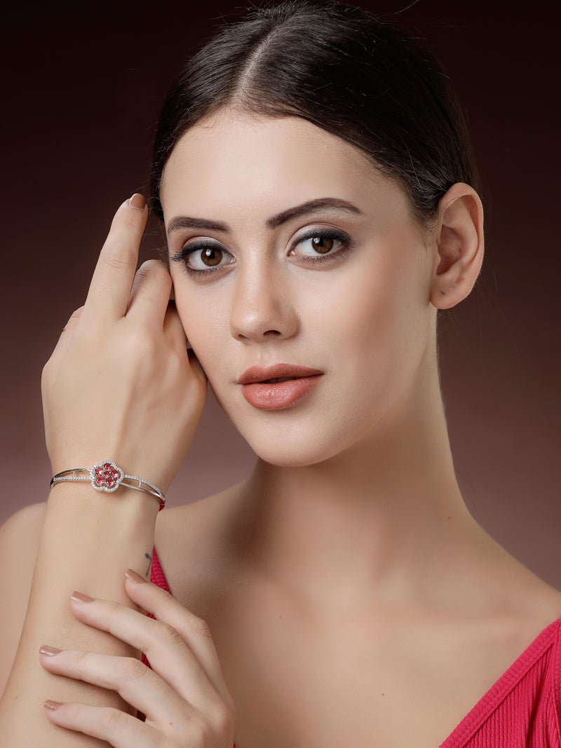 Rhodium Plated Silver Toned Floral Cluster Red American Diamond  Studded Cuff Bracelet