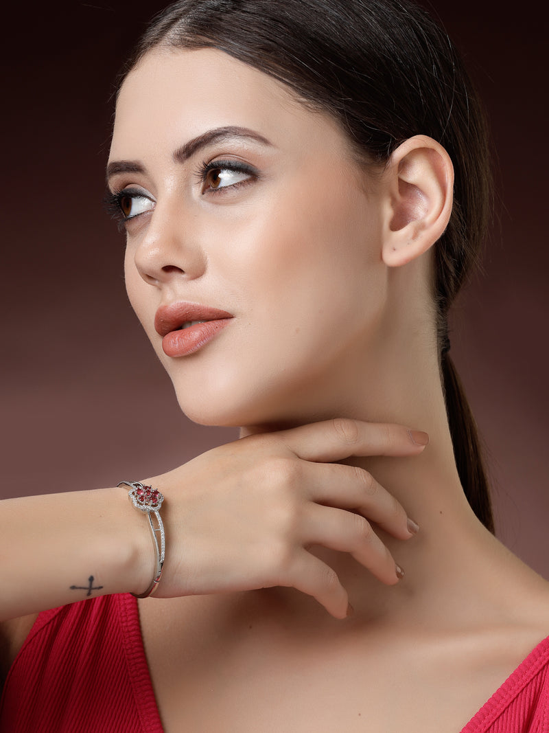 Rhodium Plated Silver Toned Floral Cluster Red American Diamond  Studded Cuff Bracelet