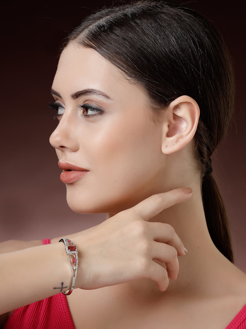 Rhodium Plated Silver Toned Red Square & Teardrop American Diamond Studded Cuff Bracelet
