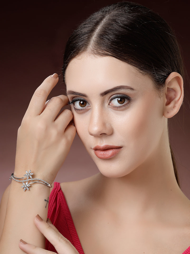 Rhodium Plated Silver Toned Floral Design White American Diamond Studded Cuff Bracelet