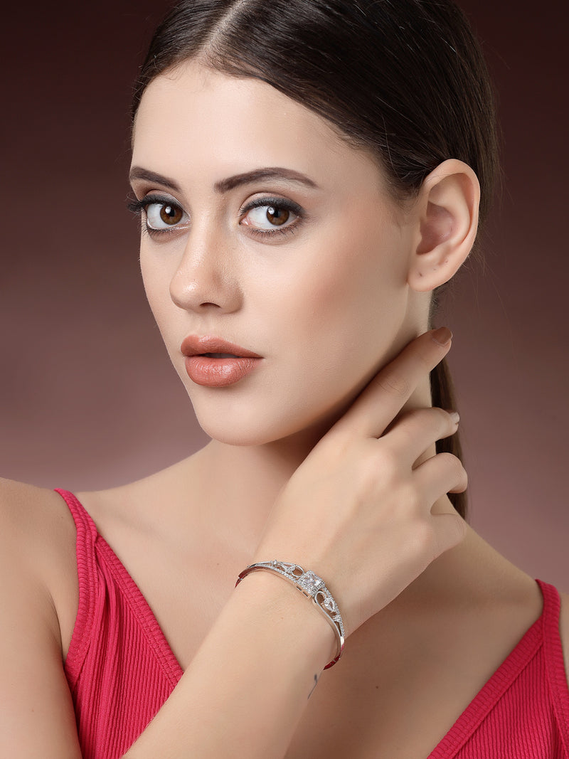 Rhodium Plated Silver Toned White Square & Teardrop American Diamond Studded Cuff Bracelet