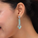 Rhodium Plated Silver Toned Bar Shaped Sea Green & White American Diamond Studded Earrings
